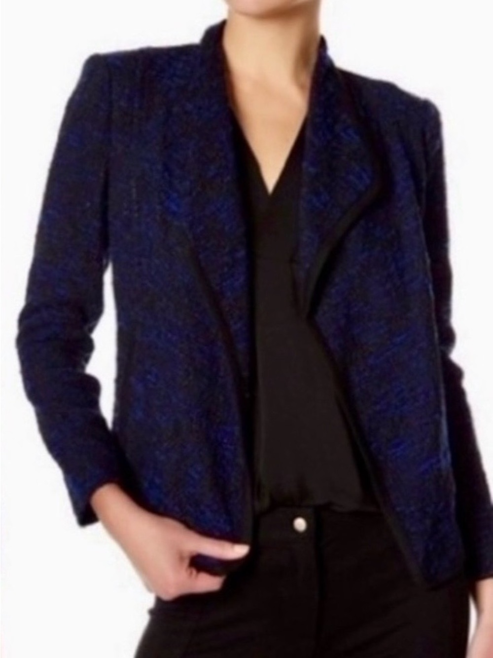 VINCE Draped Boucle Open Front Jacket Navy Blue & Black Women's Blazer